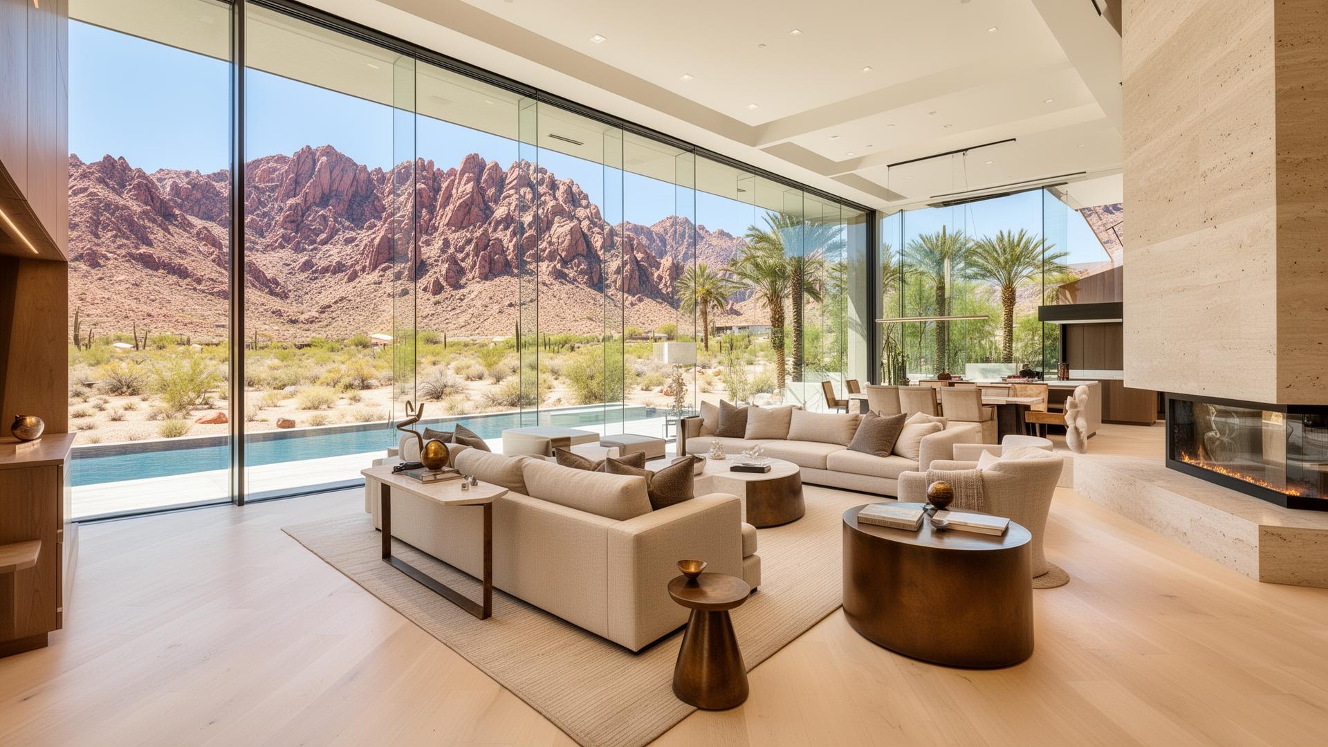 Las Vegas great room with floor to ceiling glass overlooking Red Rock